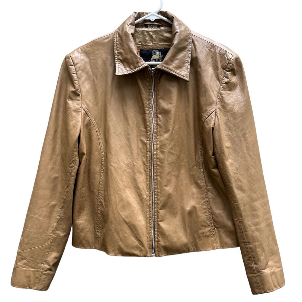 Golden Fleece 100% Leather Jacket Coat Caramel Front Zip Collar Women's M *READ*